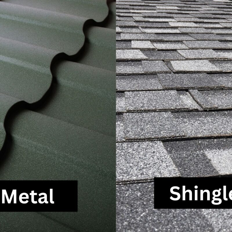 Metal roofs vs shingles side by side.