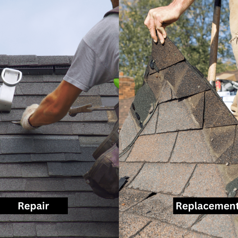 A man repairing a roof and a man replacing a shingle roof side by side images.