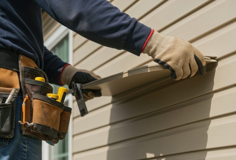 Professional siding contractor installing vinyl siding on a London Ontario home