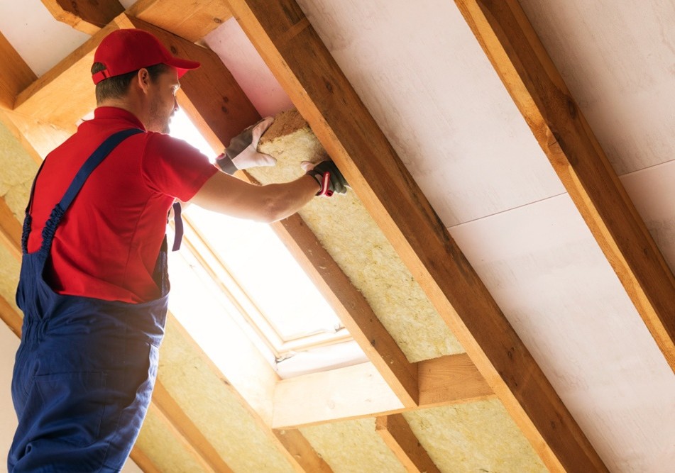 Blown-in attic insulation Technician installing blown-in attic insulation in Owen Sound home.